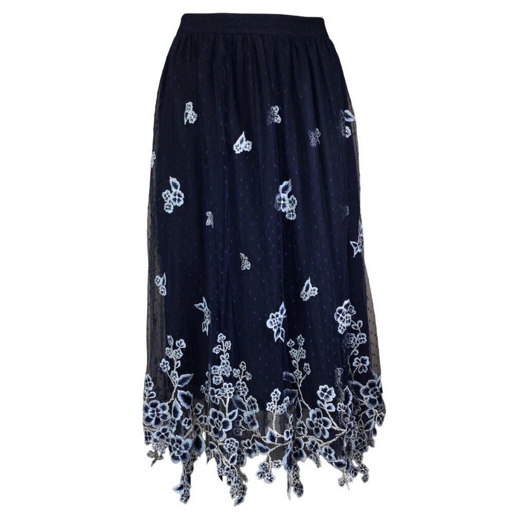 BIYAN NAVY BLUE FLORAL EMBROIDERED MESH TULLE MIDI SKIRT